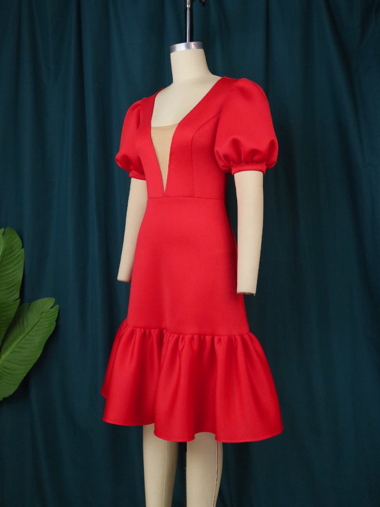 Damen elegantes Fit-and-Flare Kleid mit Puffärmeln Drune