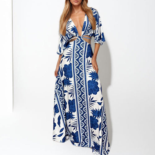 Damen Maxi-Kleid mit tiefem V-Ausschnitt und Wellenmuster Drune