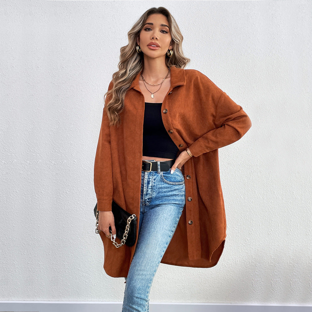 Damen Langarmhemdjacke aus weichem Cordstoff mit Knopfleiste Drune