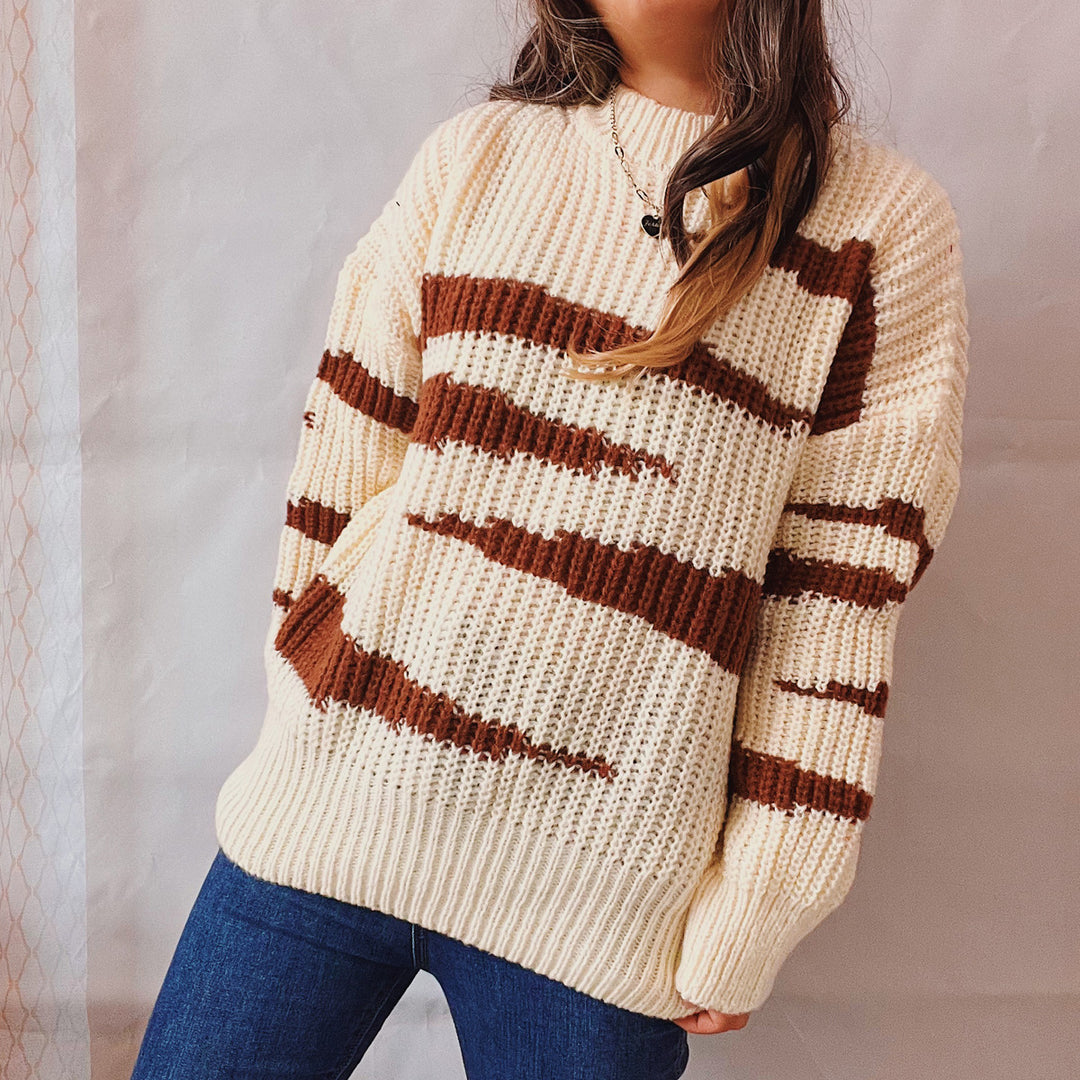 Damen Grobstrickpullover mit luxuriösem Muster und körperbetontem Schnitt Drune