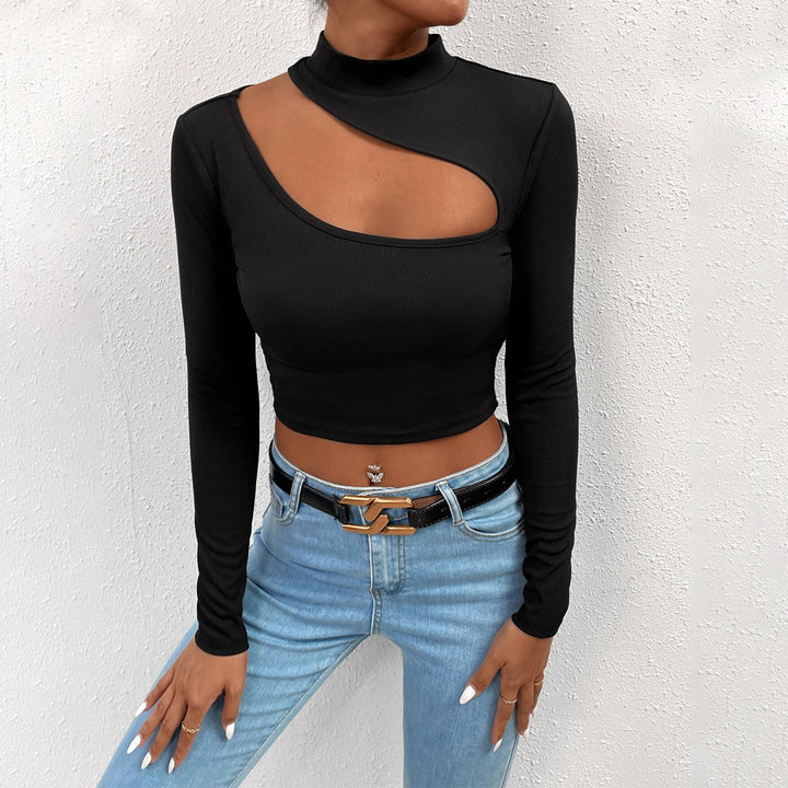 Damen Langarm-Crop-Top mit asymmetrischem Ausschnitt und elegantem Stehkragen Drune