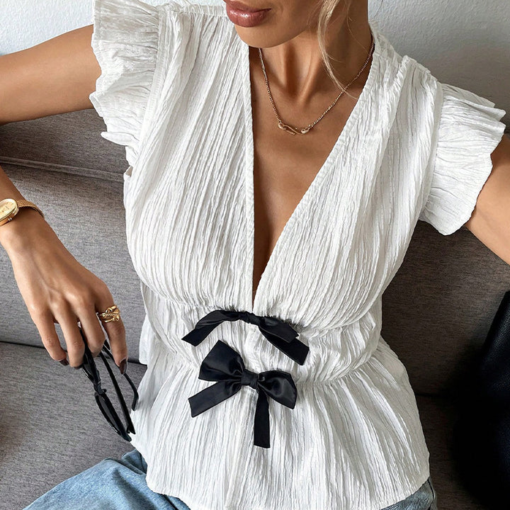 Damen Volantbluse mit dekorativen Schleifen Drune