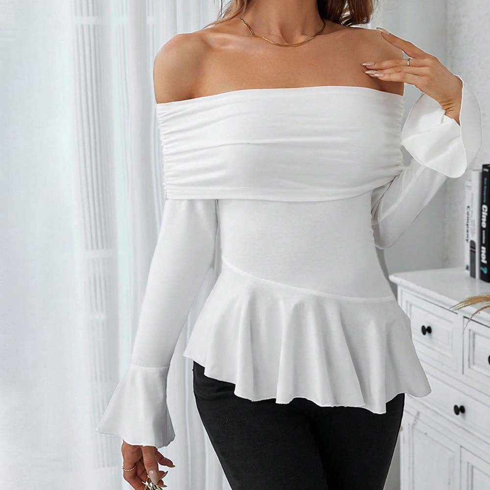 Damen Off-Shoulder Oberteil mit schickem Volant und langen Ärmeln Drune