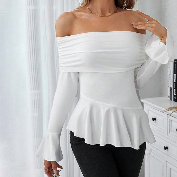 Damen Off-Shoulder Oberteil mit schickem Volant und langen Ärmeln Drune