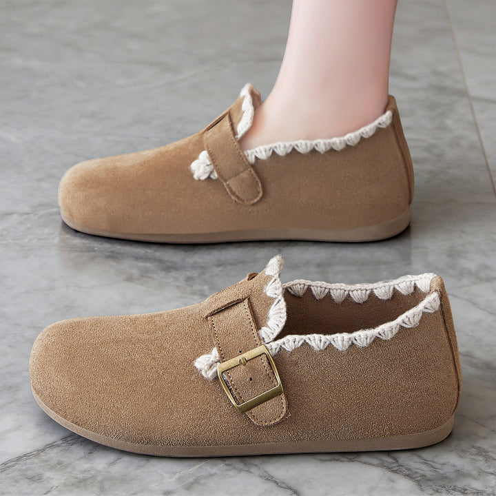 Damen nan kuschelige Mokassin-Slipper mit verstellbarem Schnallenriemen und gehäkelter Kantenverzierung Drune