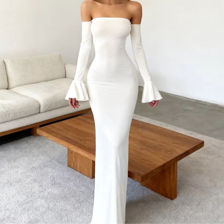 Damen Körperbetontes Off-Shoulder Abendkleid mit langen Ärmeln und voluminösen Abschlüssen Drune