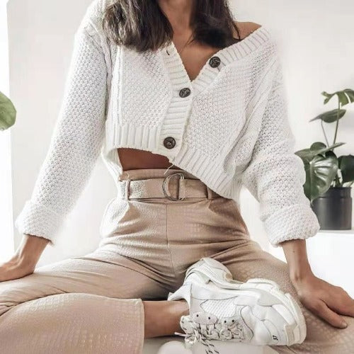 Damen cropped Strickjacke mit Knopfdetails Drune