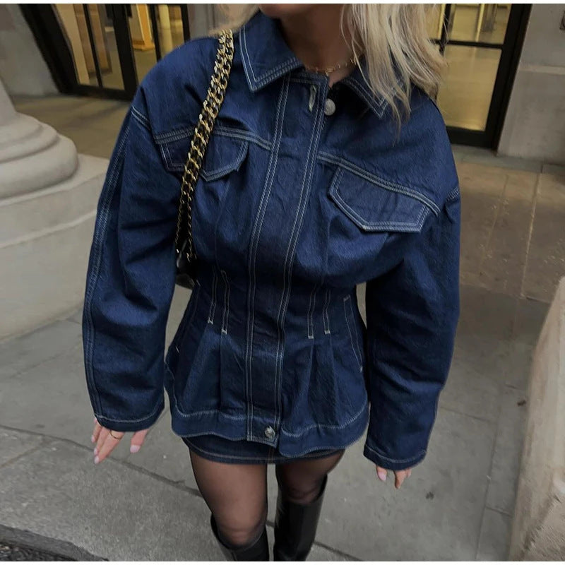 Damen Modische Jeansjacke mit weiten Ärmeln und tailliertem Design Drune