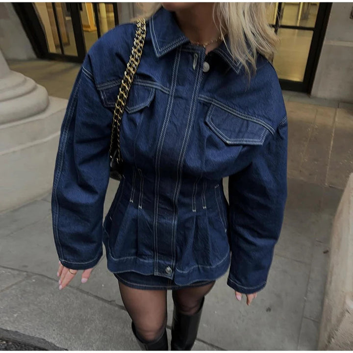 Damen Modische Jeansjacke mit weiten Ärmeln und tailliertem Design Drune