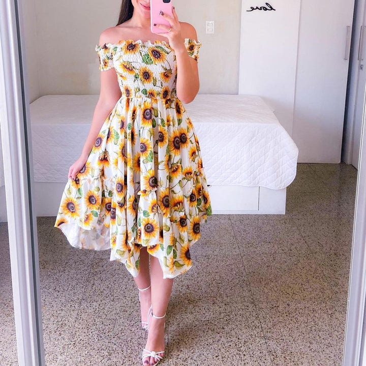 Damen Sommerliches Off-Shoulder Kleid mit farbenfrohem Schmetterlingsmuster und geschmeidigem Faltenwurf Drune