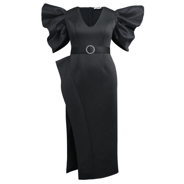 Damen Elegantes Abendkleid mit voluminösen Puffärmeln und einem stilvollen Gürtel Drune