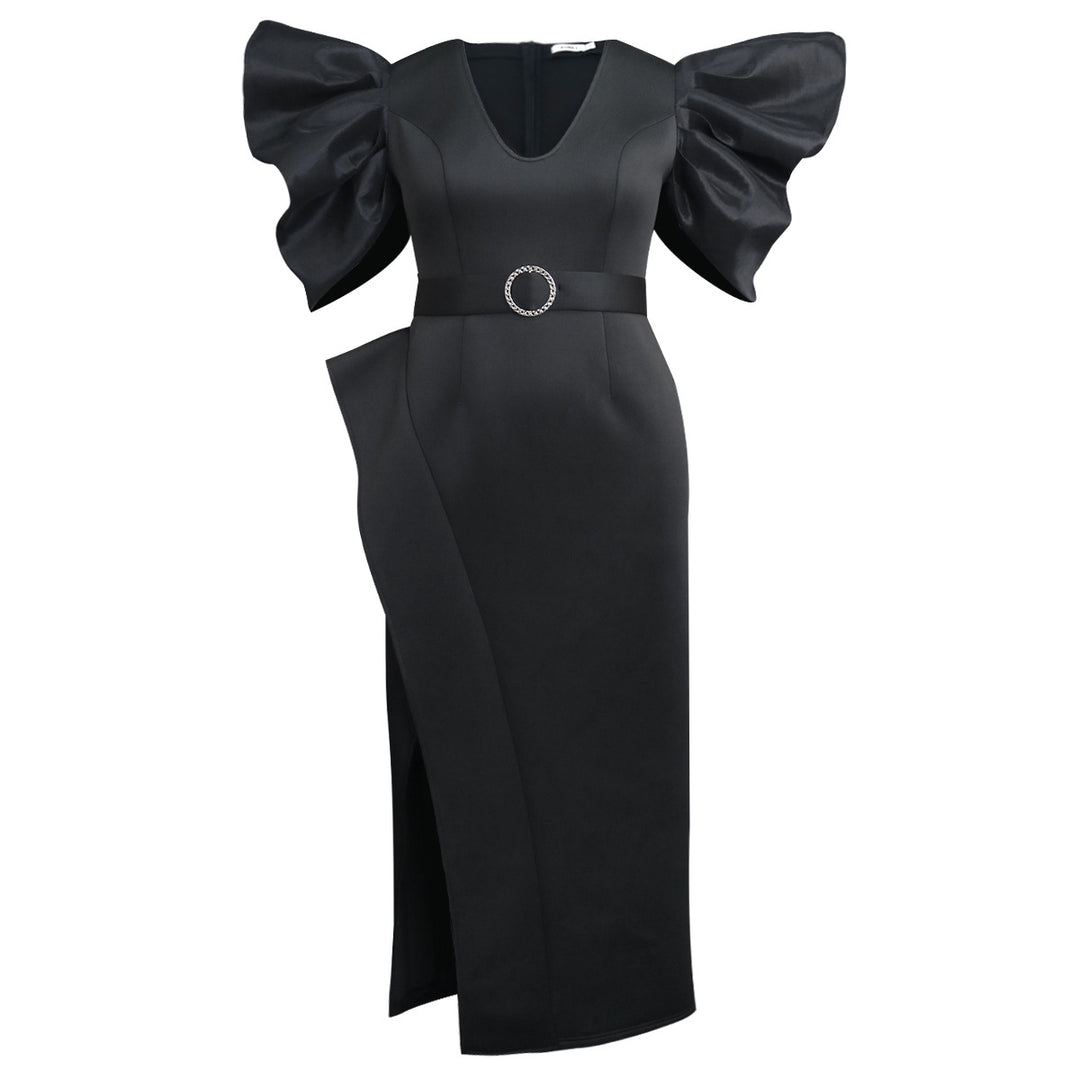 Damen elegantes Abendkleid mit voluminösen Puffärmeln und tailliertem Gürtel Drune
