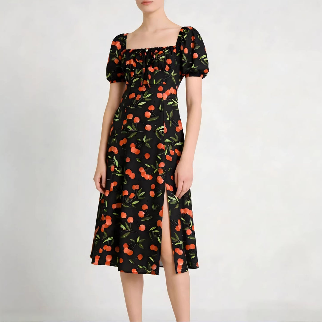 Damen Maxikleid mit pflanzlichem Muster und raffiniertem Schlitz Drune