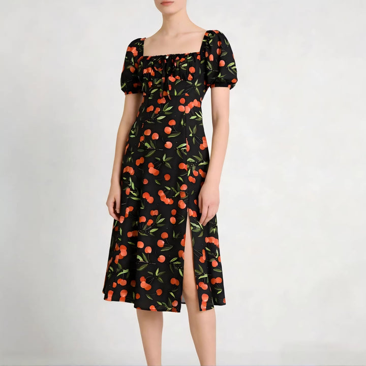 Damen Maxikleid mit pflanzlichem Muster und raffiniertem Schlitz Drune