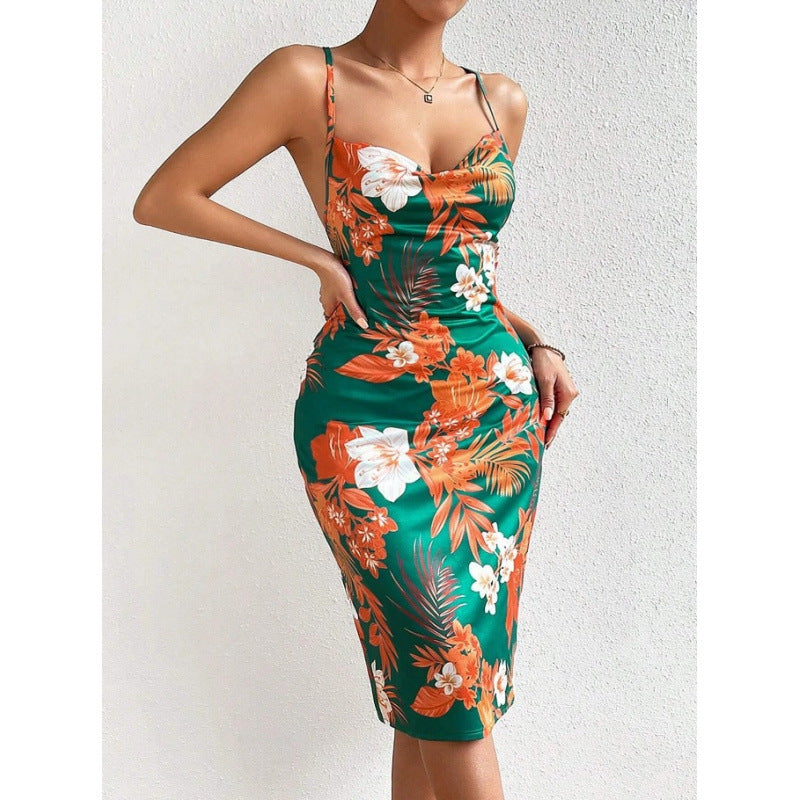Damen Sommerliches Etuikleid mit floralem Design und Spaghetti-Trägern Drune