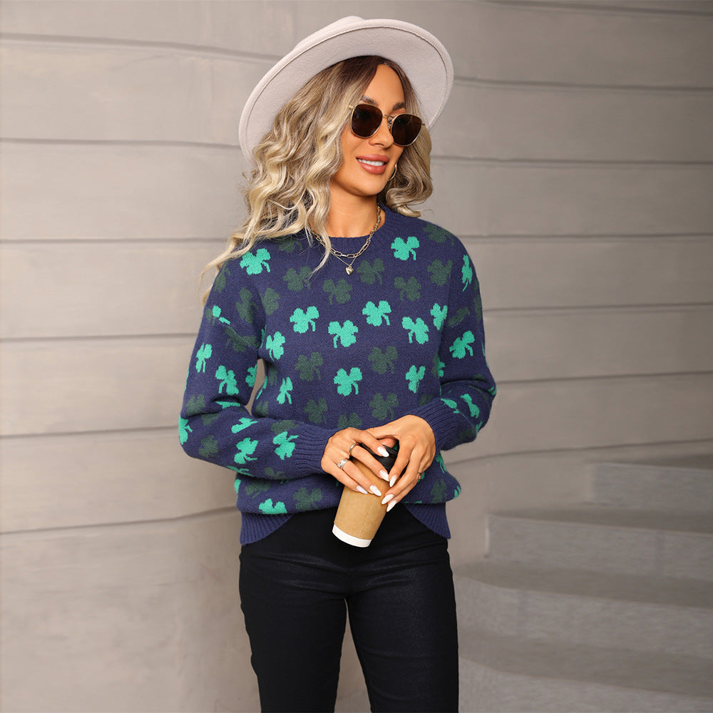 Damen kuscheliger Strickpullover mit Kleeblatt-Muster Drune