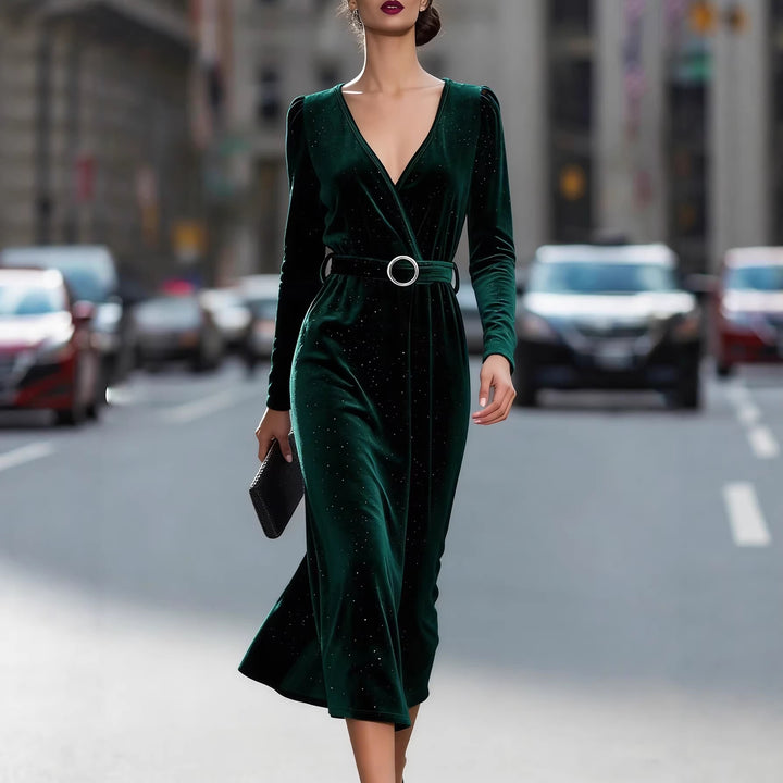 Damen Midikleid aus samtartigem Material mit funkelnden Akzenten und eleganter Taillierung Drune