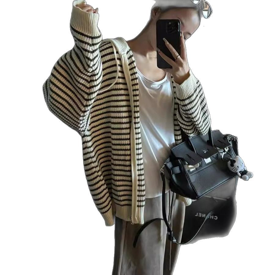 Damen lässige Strickjacke mit Kapuze und Streifenmuster Drune