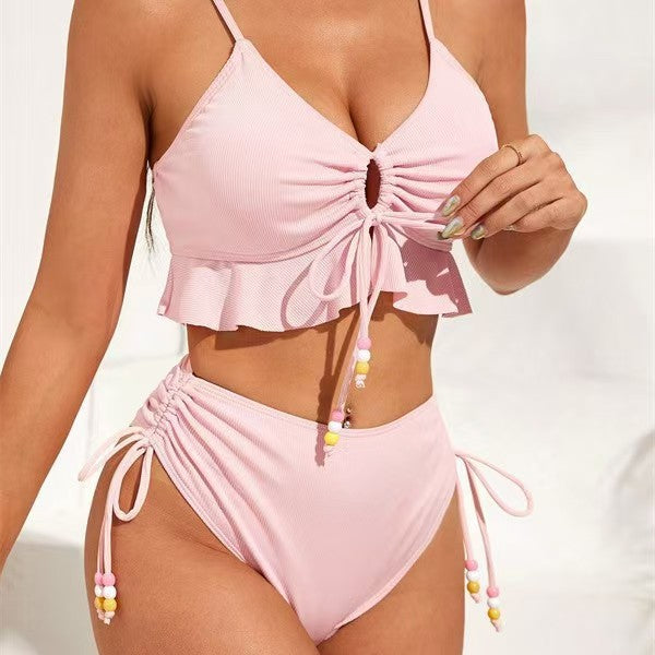 Damen Hochgeschnittenes Rüschen-Bikini-Set mit verstellbaren Bändern Drune