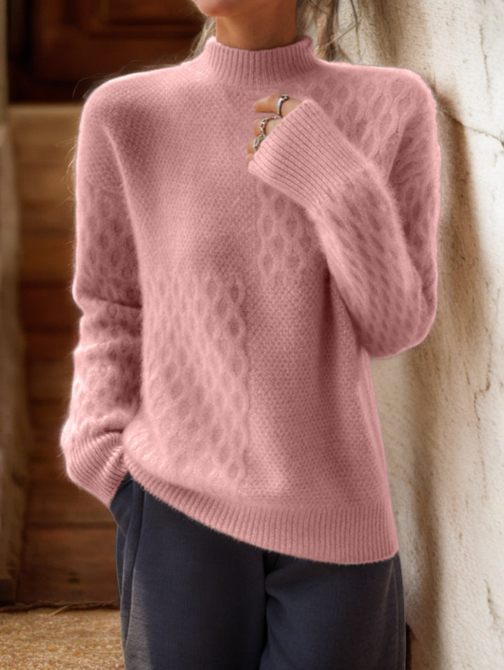 Damen nan lässiger Mohair-Mix Feinstrickpullover mit Strukturmix, Stehkragen und überschnittenen Schultern Drune