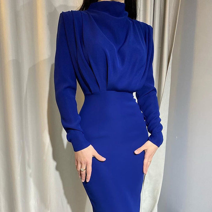 Damen Elegantes Langarm-Maxi-Kleid mit raffinierter Drapierung und hohem Kragen Drune