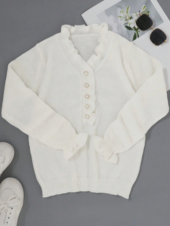 Damen Strickpullover mit Rüschendetails und perlenverzierten Knöpfen Drune