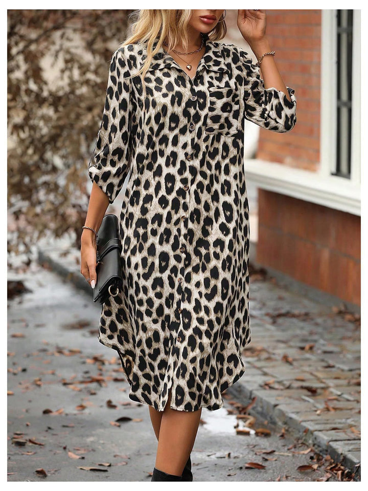 Damen Stylisches Leopardenmuster Langes Knopf-up Kleid Drune