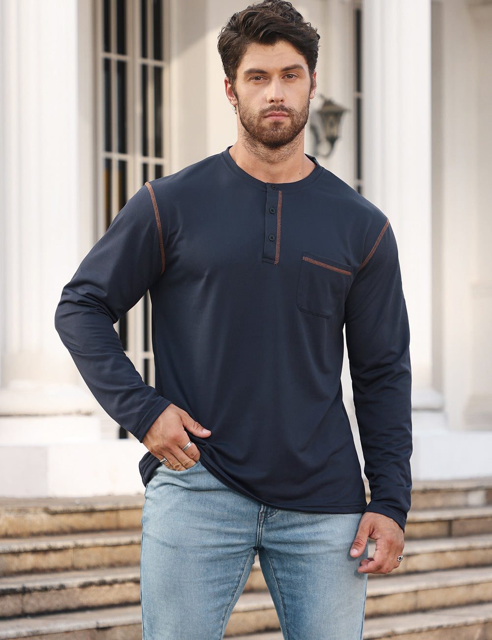 Herren Langarmshirt mit Knopfleiste und Brusttasche Drune