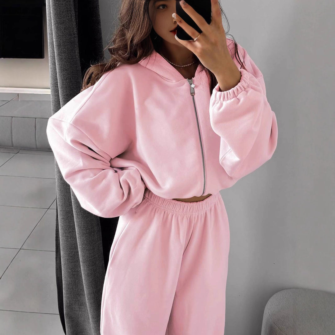 Damen nan oversized Kapuzenjacke mit durchgehendem Reißverschluss und Highwaist Gummibund-Jogginghose Set Drune