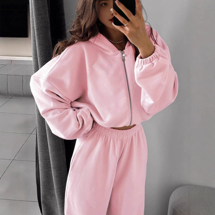 Damen nan oversized Kapuzenjacke mit durchgehendem Reißverschluss und Highwaist Gummibund-Jogginghose Set Drune