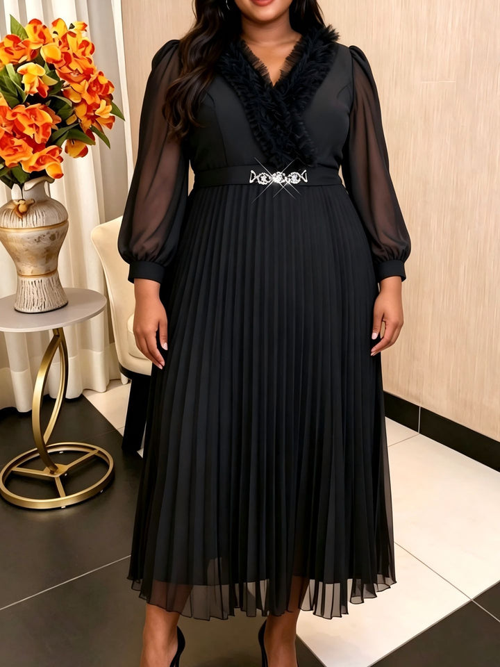 Damen Elegantes plissiertes Midi-Kleid mit Rüschendetails Drune
