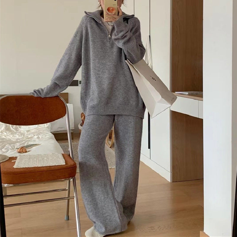 Damen Lässiger Strickanzug mit hohem Kragen und Reißverschluss Drune