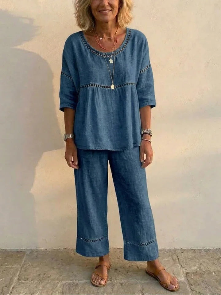 Damen Kompletter Loungewear-Anzug aus Leinen mit luftiger Passform und Spitzenakzenten Drune
