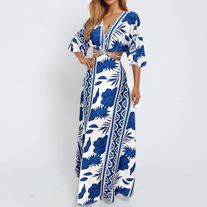 Damen Maxi-Kleid mit tiefem V-Ausschnitt und Wellenmuster Drune