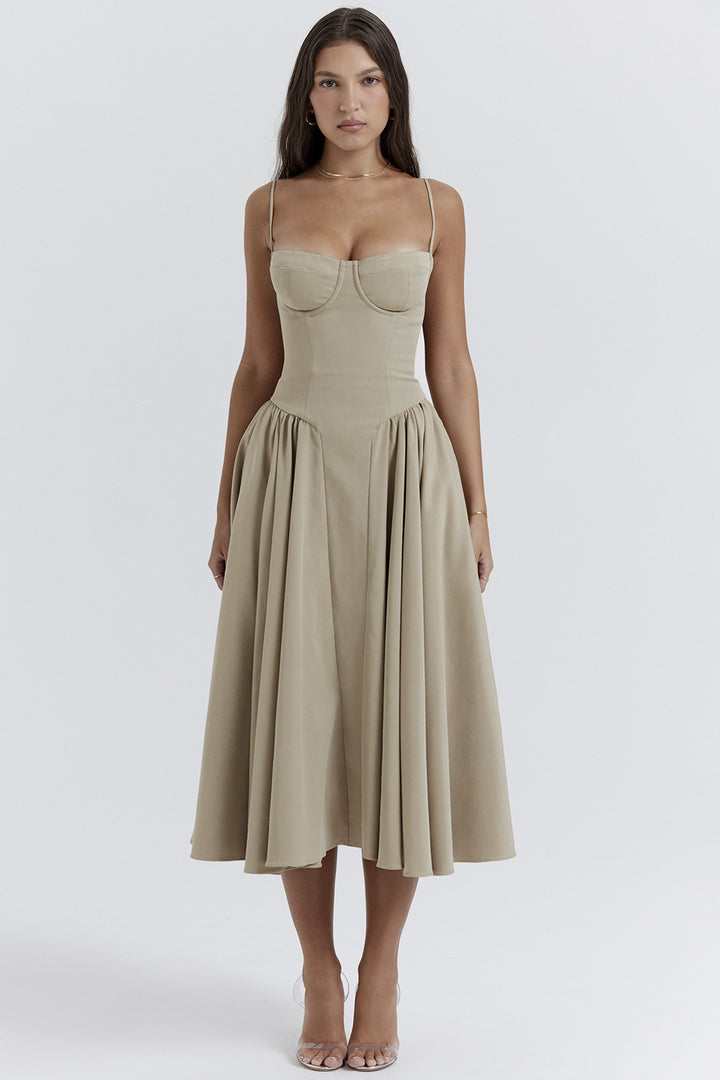 Damen Midikleid mit knöpfbarem Oberteil und schwingendem Rock Drune