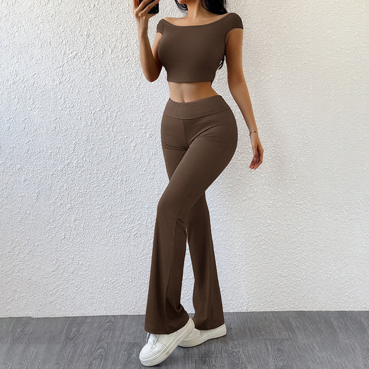 Damen sportliches Zweiteiler-Set mit Off-Shoulder-Oberteil und lässigen Schlaghosen Drune
