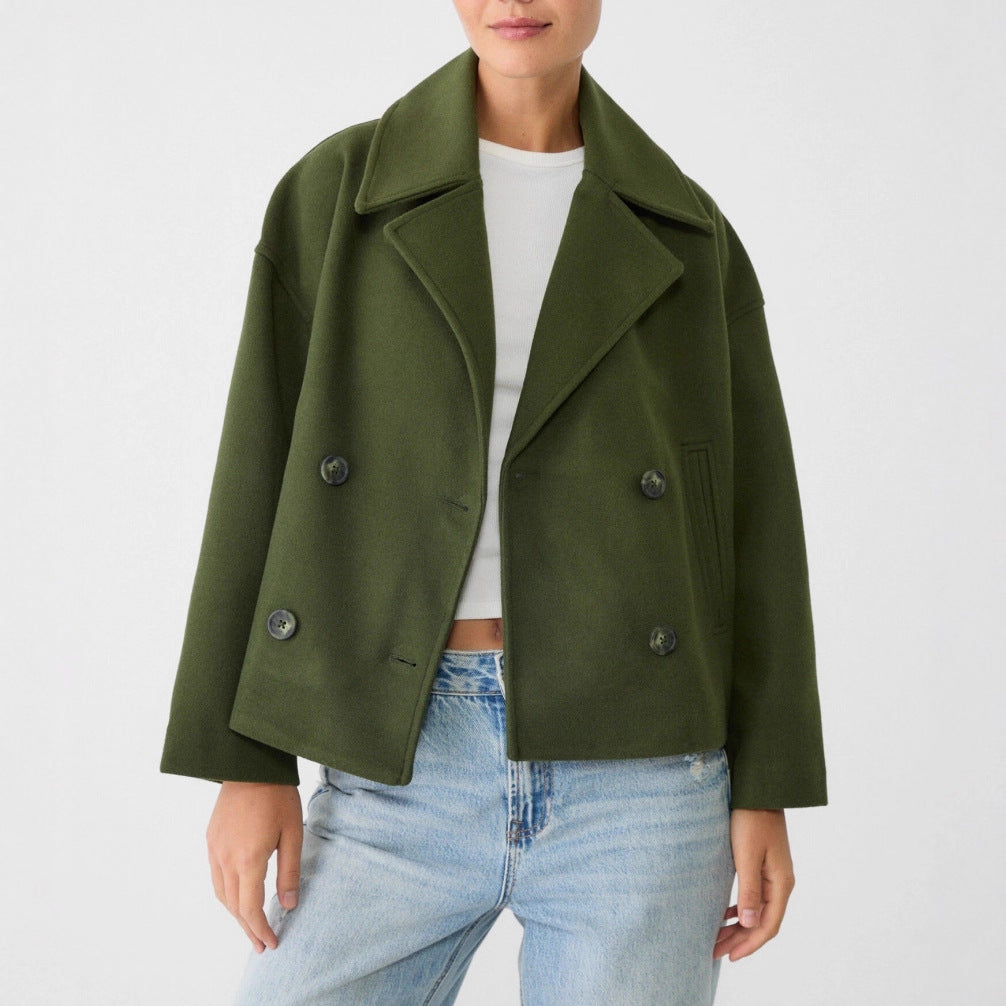 Damen nan kurz geschnittener Zweireiher Wollmix-Peacoat mit überbreitem Revers und kastiger Silhouette Drune