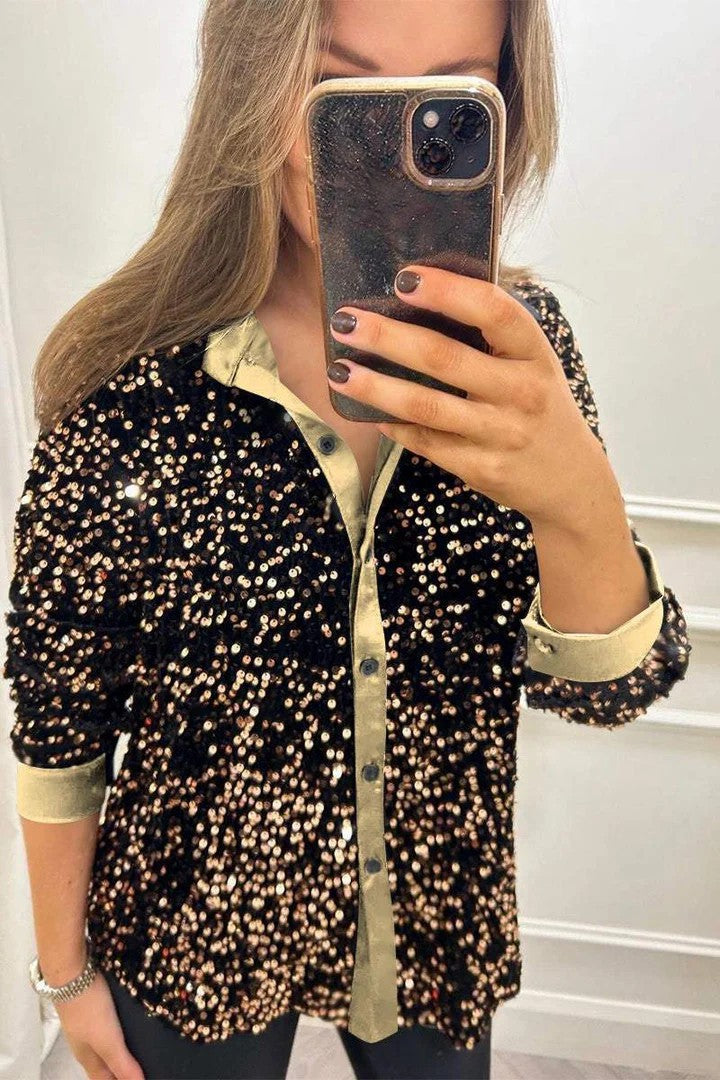 Damen Funkelnde Paillettenbluse mit klassischem Kragen Drune