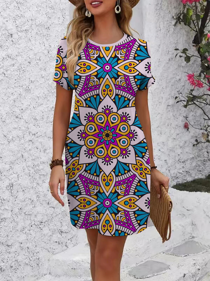 Damen farbenfrohes Mandala Kleid im lässigen Schnitt Drune
