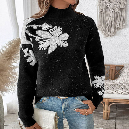 Damen modischer Strickpullover mit floralem Design und hohem Kragen Drune