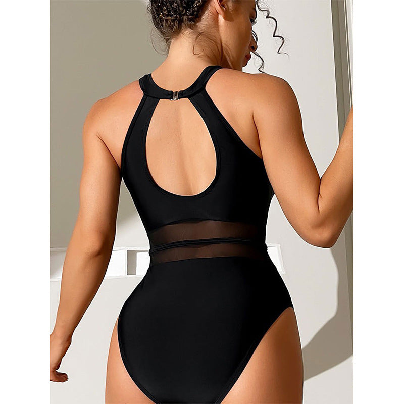 Damen Sportlicher Einteiler Badeanzug mit transparenten Einsätzen Drune