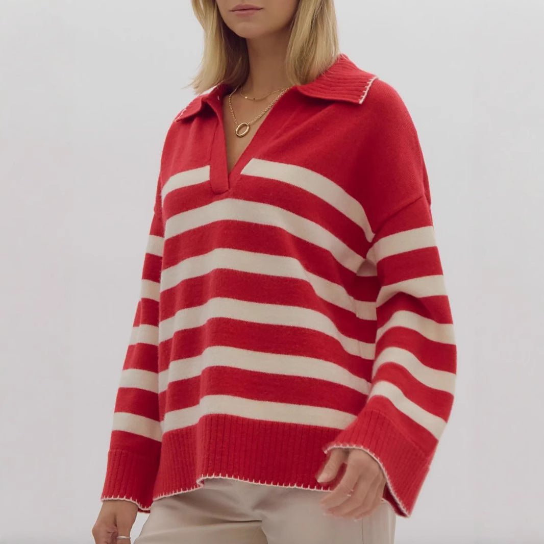 Damen stylischer Strickpullover mit elegantem V-Ausschnitt und breitem Streifenmuster Drune