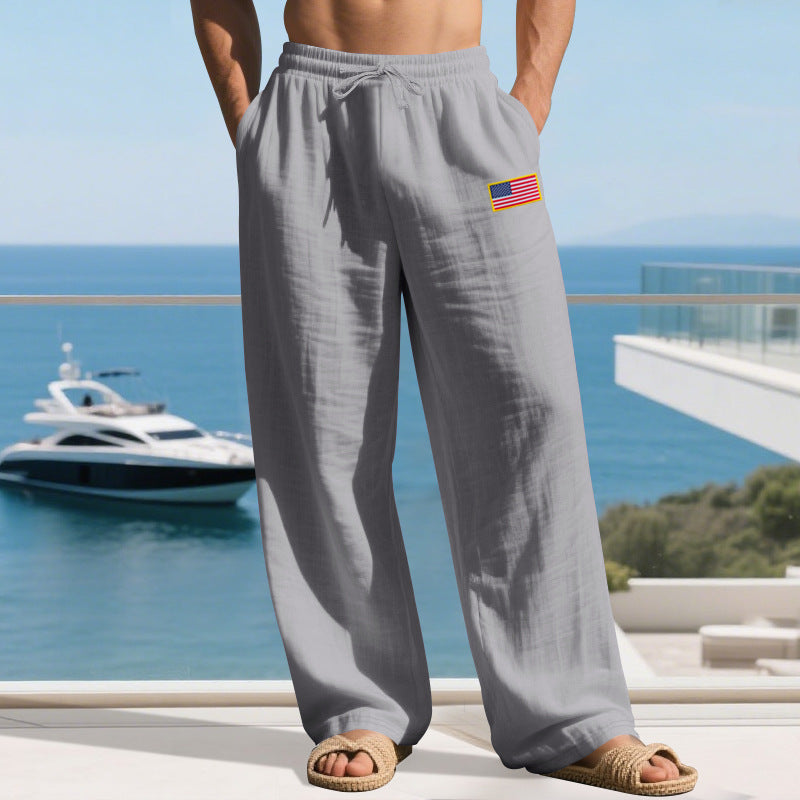 Herren nan lässige Leichtgewicht-Loungehose mit Tunnelzugbund, weitem Bein und Flaggen-Patch Drune