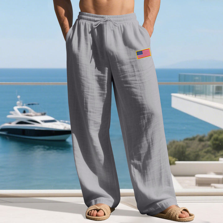 Herren nan lässige Leichtgewicht-Loungehose mit Tunnelzugbund, weitem Bein und Flaggen-Patch Drune