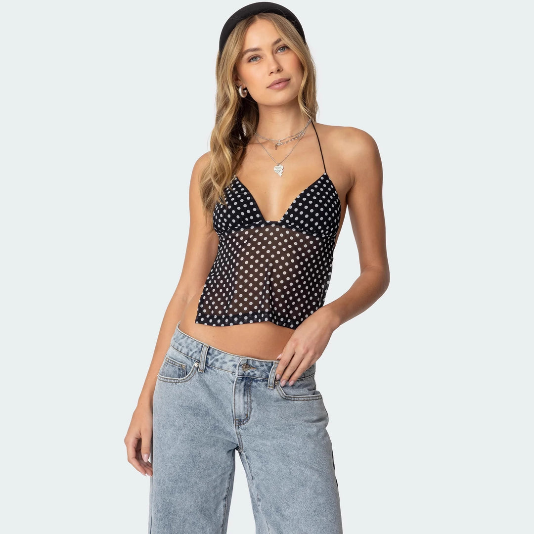 Damen Polka Dot Top mit zarten Trägern und figurbetontem Schnitt Drune