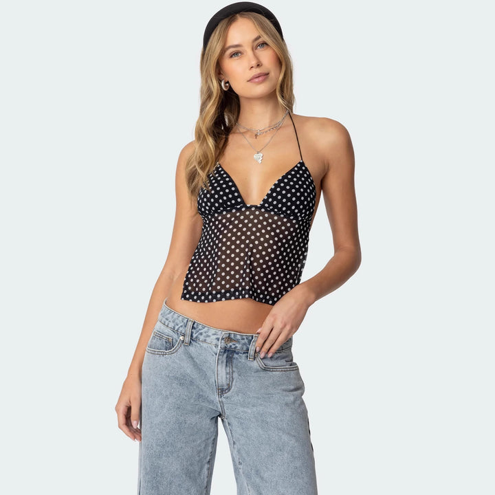 Damen Polka Dot Top mit zarten Trägern und figurbetontem Schnitt Drune