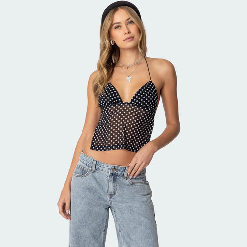 Damen Polka Dot Top mit zarten Trägern und figurbetontem Schnitt Drune