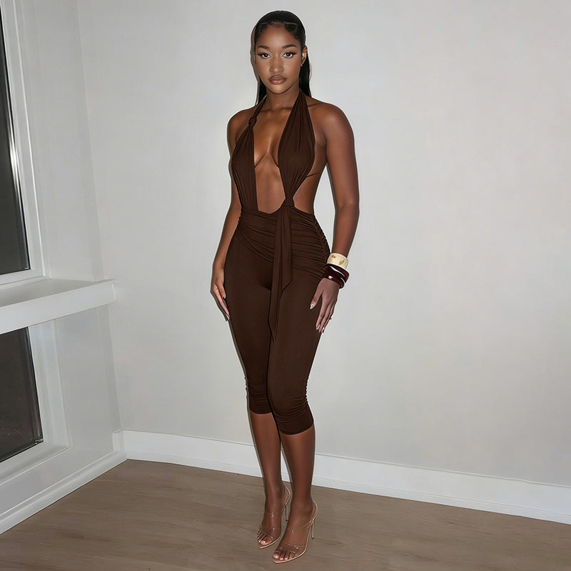 Damen Eleganter Jumpsuit mit tiefem V-Ausschnitt und figurformendem Design Drune