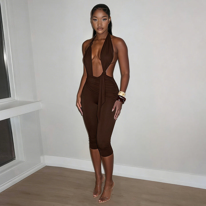 Damen Eleganter Jumpsuit mit tiefem V-Ausschnitt und figurformendem Design Drune