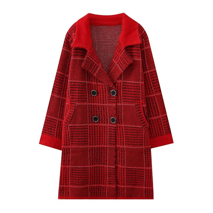 Damen modische Übergangsjacke mit strukturiertem Karomuster und eleganter Knopfleiste Drune
